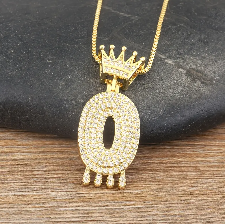 14K Gold Plated Iced CZ Baseball Number Pendant Necklace Crown #0