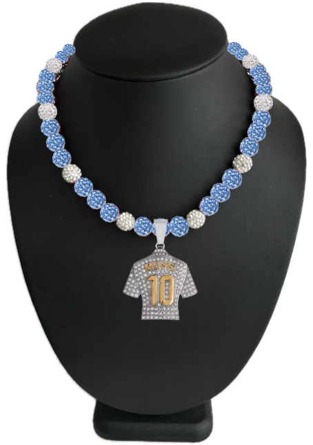 Iced Bling Disco Ball Rhinestone Pollyanna Crystal Bead Soccer Necklace Argentina Blue + Messi Pendant