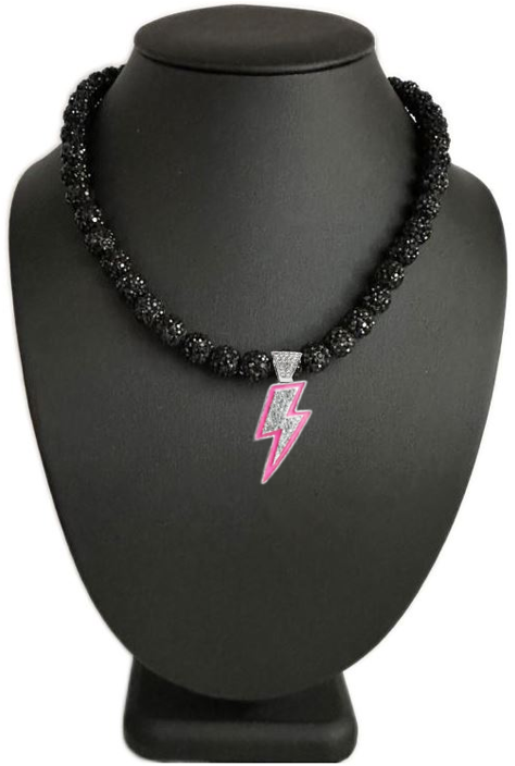 Iced Bling Disco Ball Rhinestone Crystal Bead Baseball Softball Necklace Black Pink Lightning