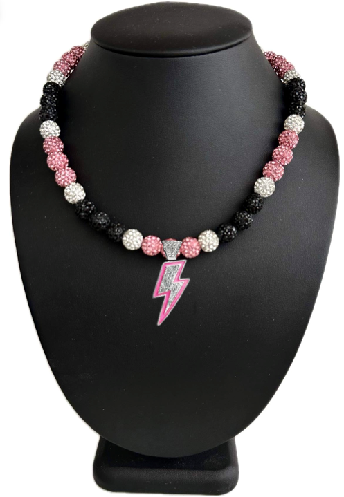 Iced Bling Disco Ball Rhinestone Crystal Bead Baseball Softball Necklace Black Pink Lightning III