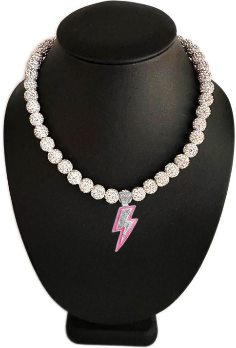 Iced Bling Disco Ball Rhinestone Crystal Bead Baseball Softball Necklace White Ice Pink Lightning
