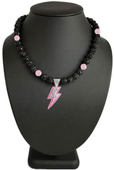 Iced Bling Disco Ball Rhinestone Crystal Bead Baseball Softball Necklace Black Pink Lightning II
