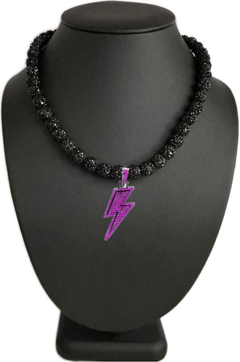 Iced Bling Disco Ball Rhinestone Crystal Bead Baseball Softball Necklace Black Ice Purple Lightning