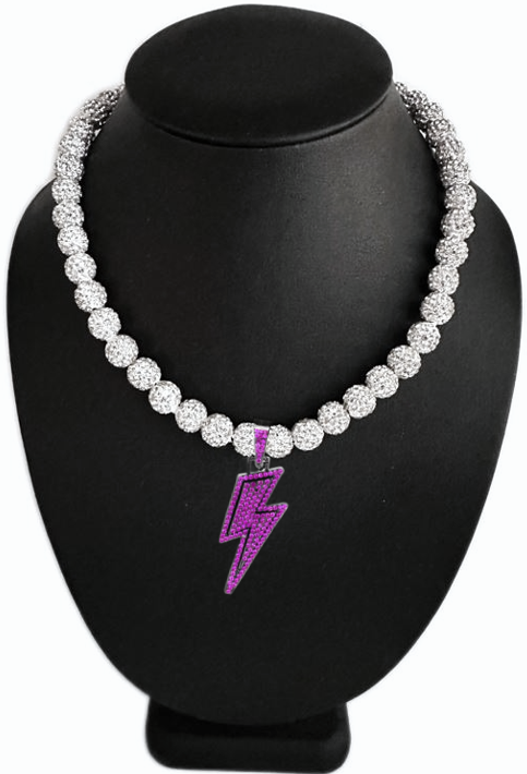 Iced Bling Disco Ball Rhinestone Crystal Bead Baseball Softball Necklace White Ice Purple Lightning