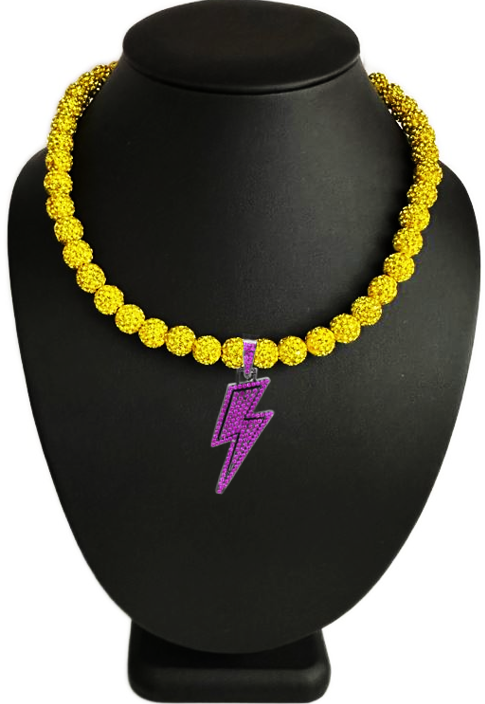 Iced Bling Disco Ball Rhinestone Crystal Bead Baseball Softball Necklace Yellow Ice Purple Lightning