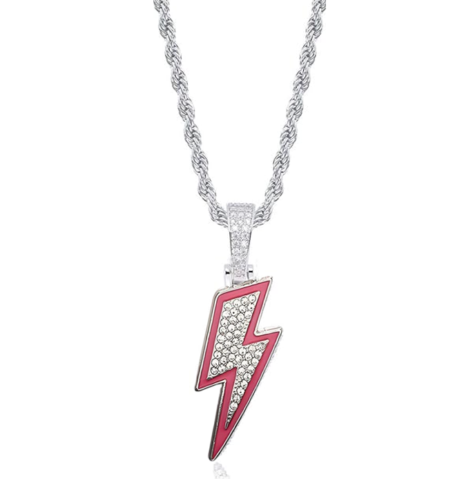 Iced Pink Lightning Bolt Pendant Rope Chain Necklace