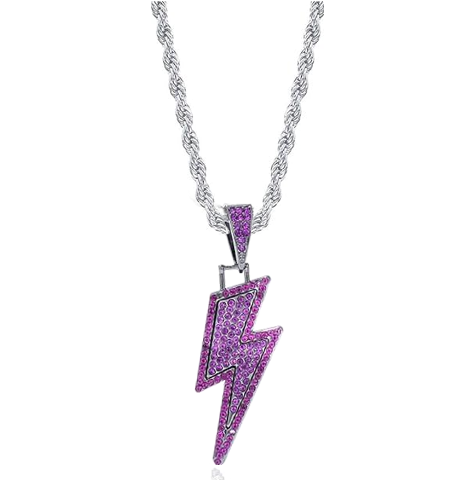 Iced Purple Lightning Bolt Pendant Rope Chain Necklace