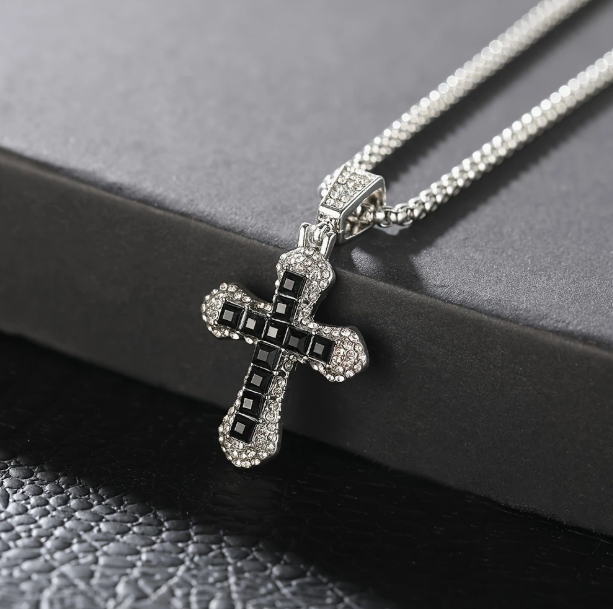 Iced Black Cross Pendant Stainless Steel Chain Necklace