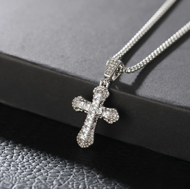Iced Cross Pendant Stainless Steel Chain Necklace