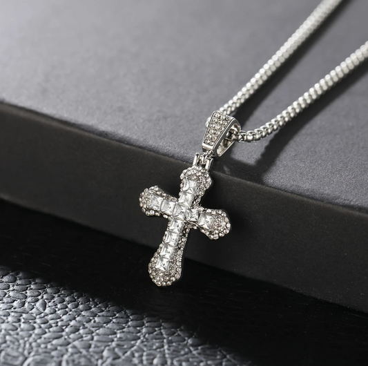 Iced Cross Pendant Stainless Steel Chain Necklace