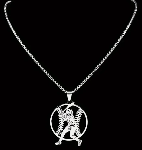 Silver Baseball Player Stainless Steel Chain Necklace