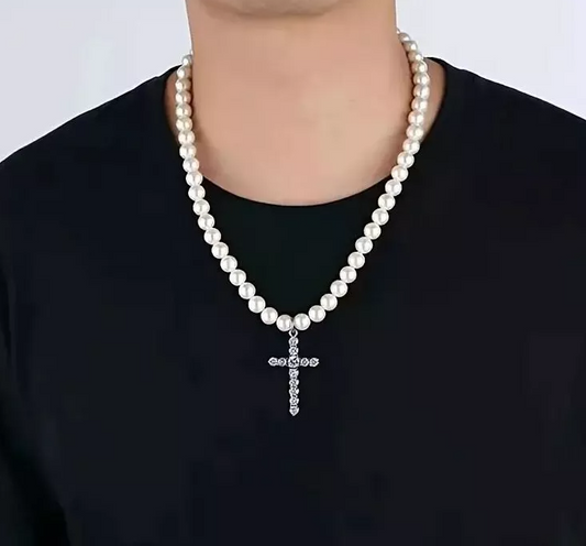 Iced Cross Pendant Pearl Chain Necklace