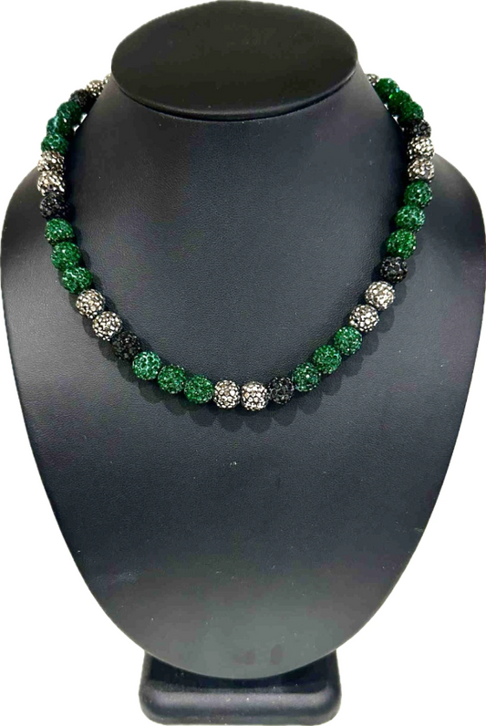 Iced Bling Disco Ball Rhinestone Crystal Bead Baseball Necklace Green Black Silver