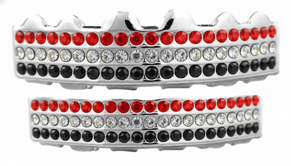 Team Color Silver Iced CZ Teeth Bling Grillz Red Black