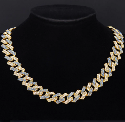 Hip Hop Miami Vice Blue Iced Bling CZ 14K Gold Plated Cuban Link Baseball Chain Necklace 20"