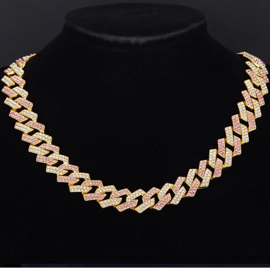 Hip Hop Miami Vice Pink Iced Bling CZ 14K Gold Plated Cuban Link Baseball Chain Necklace 20"
