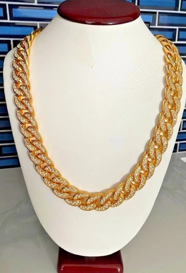 Hip Hop Iced Bling CZ 14K Gold Plated Miami Cuban Link Baseball Chain Necklace Heavy 18mm 30"