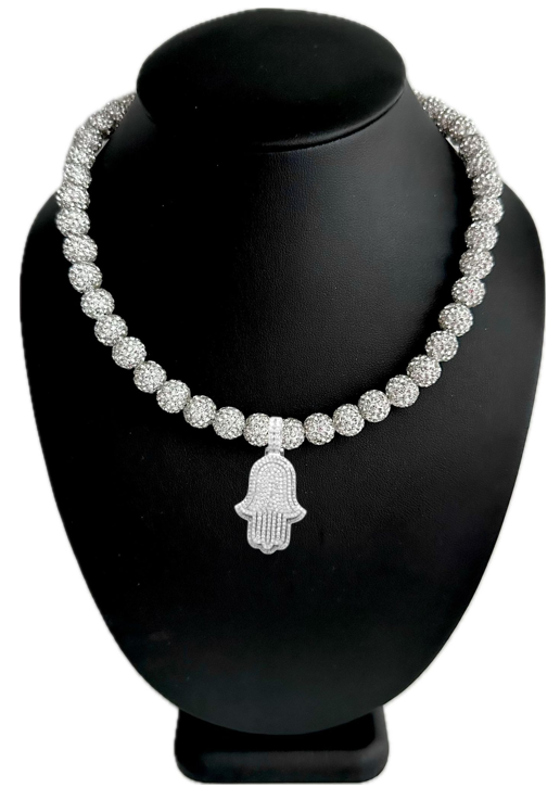Iced Black Disco Ball Rhinestone Bead Baseball Necklace with Silver Hamsa Pendant (Copy)