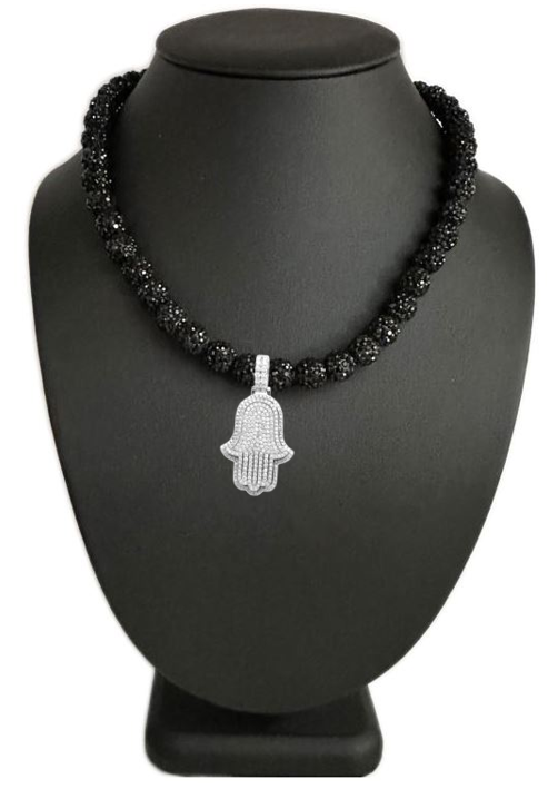 Iced Black Disco Ball Rhinestone Bead Baseball Necklace with Silver Hamsa Pendant