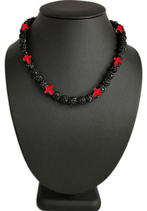 Iced Bling Disco Ball Rhinestone Bead Baseball Necklace Prayer Cross Collection Black Red