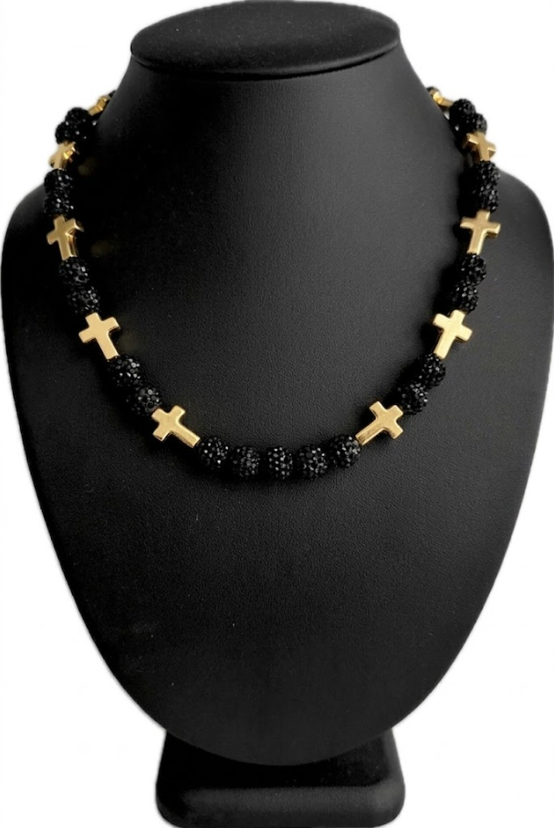 Iced Bling Disco Ball Rhinestone Bead Baseball Necklace Prayer Cross Collection Black Gold