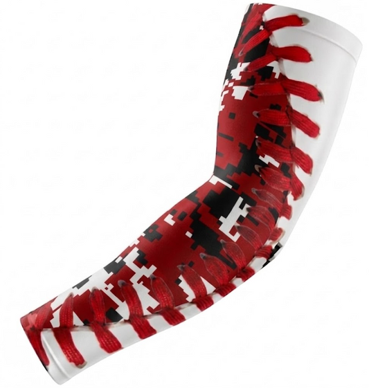 Sports Compression Arm Sleeve Red Digital Camo Baseball Stitch