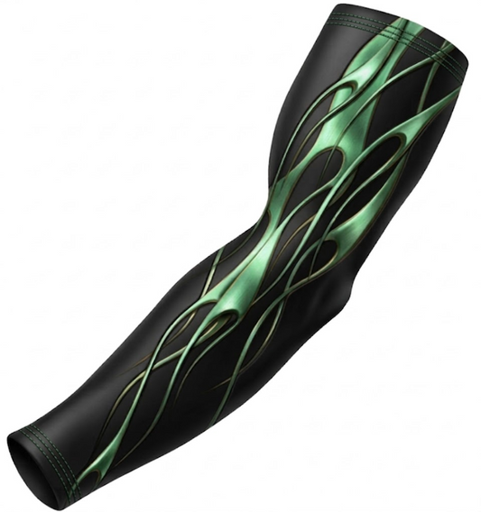 Baseball Sports Compression Arm Sleeve Black Green Tribal Flame Design