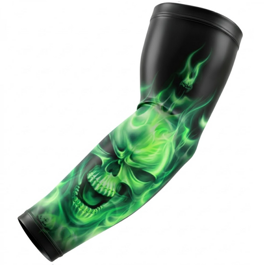 Sports Performance Compression Arm Sleeve Ghost Skull Flames Green