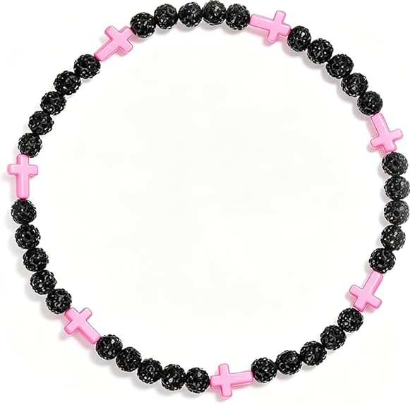 Iced Bling Disco Ball Rhinestone Bead Baseball Necklace Black, Pink Cross