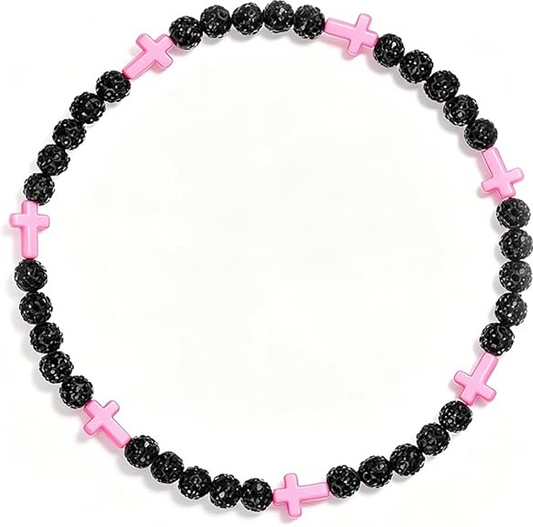 Iced Bling Disco Ball Rhinestone Bead Baseball Necklace Black, Pink Cross