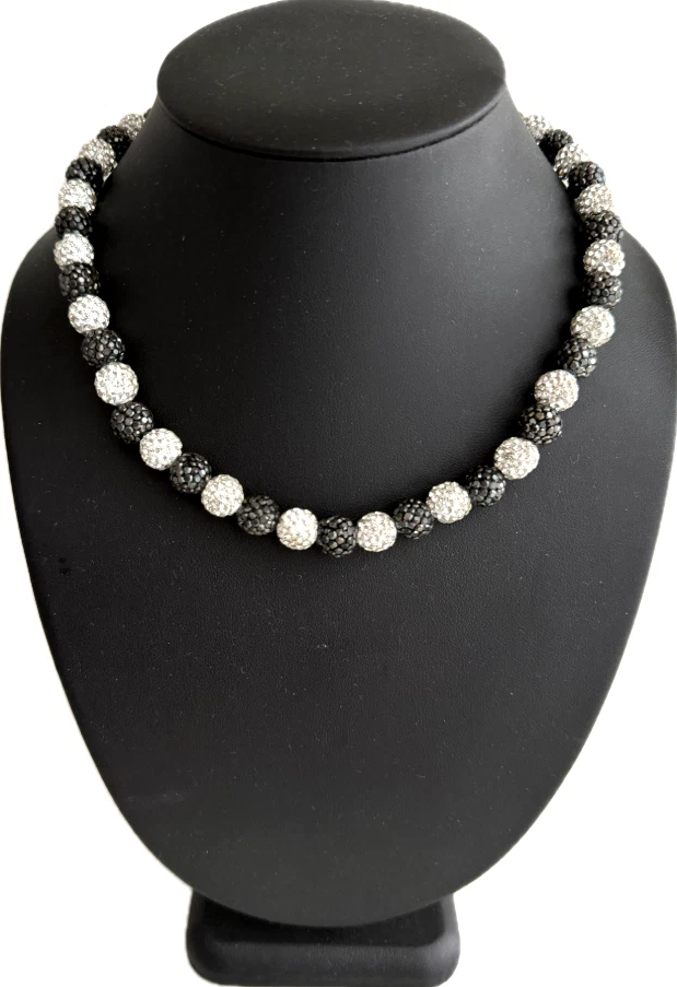 Iced Bling Disco Ball Rhinestone Bead Baseball Necklace Black Silver Hematite