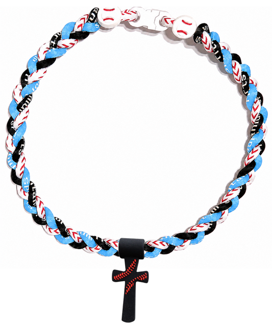 Tornado 3 Rope Necklace Baseball Stitch Clasp Sky Blue White Black + Black Cross