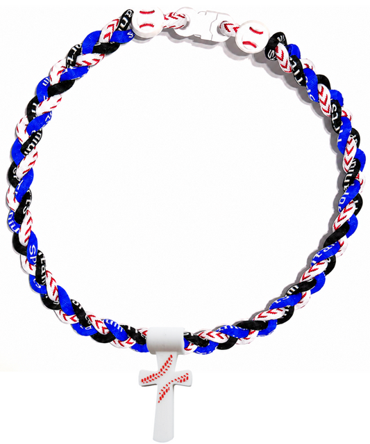 Tornado 3 Rope Necklace Baseball Stitch Clasp Royal Blue White Black + White Cross