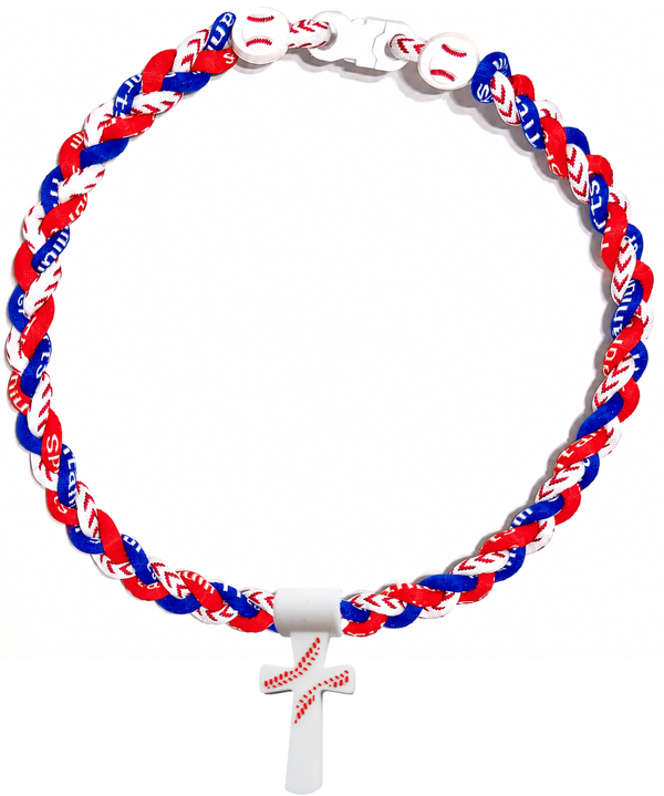 Tornado 3 Rope Necklace Baseball Stitch Clasp Red White Royal + White Cross