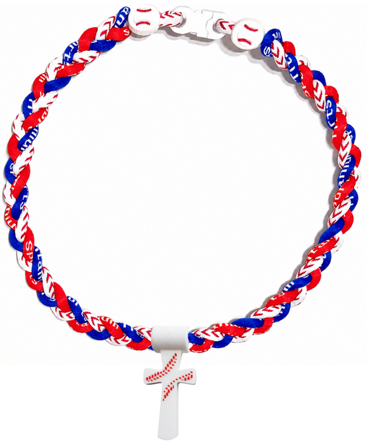 Tornado 3 Rope Necklace Baseball Stitch Clasp Red White Royal + White Cross