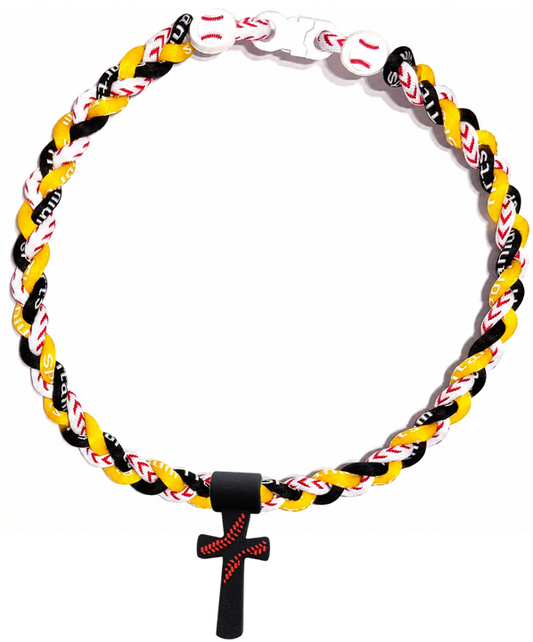 Tornado 3 Rope Necklace Baseball Stitch Clasp Yellow White Black + Black Cross