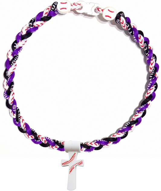 Tornado 3 Rope Necklace Baseball Stitch Clasp Purple White Black + White Cross