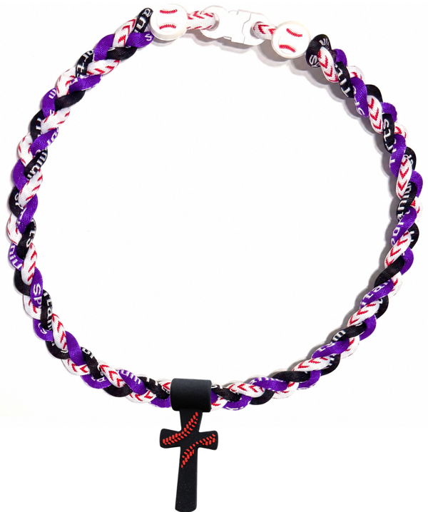 Tornado 3 Rope Necklace Baseball Stitch Clasp Purple White Black + Black Cross