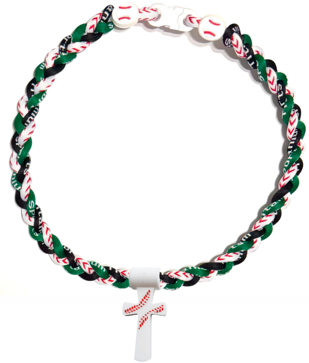 Tornado 3 Rope Necklace Baseball Stitch Clasp Green White Black + White Cross