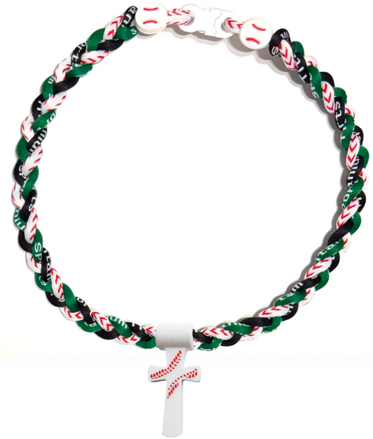 Tornado 3 Rope Necklace Baseball Stitch Clasp Green White Black + White Cross