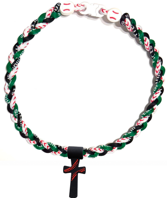 Tornado 3 Rope Necklace Baseball Stitch Clasp Green White Black + Black Cross