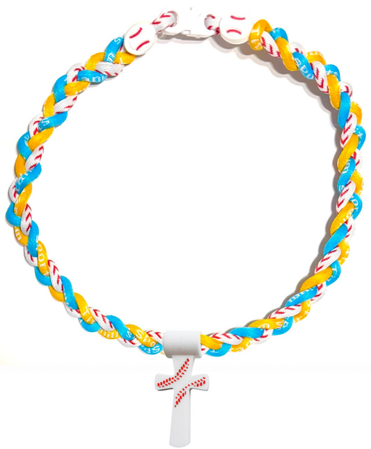 Tornado 3 Rope Necklace Baseball Stitch Clasp Light Blue Yellow White + White Cross
