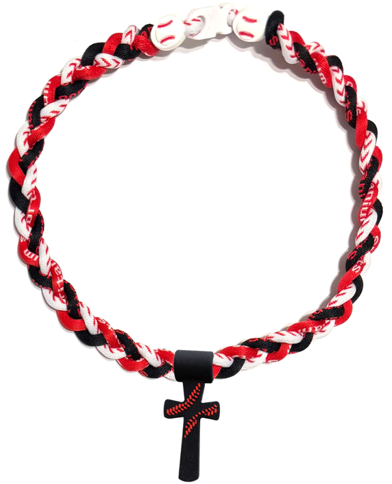 Tornado 3 Rope Necklace Baseball Stitch Clasp Red White Black + Black Cross