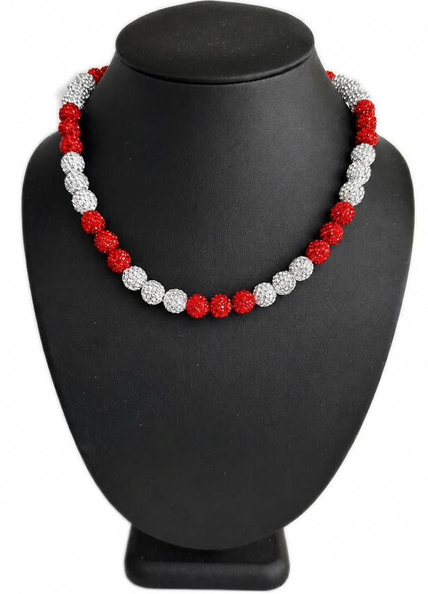 Iced Bling Disco Ball Rhinestone Bead Baseball Drip Necklace Red White