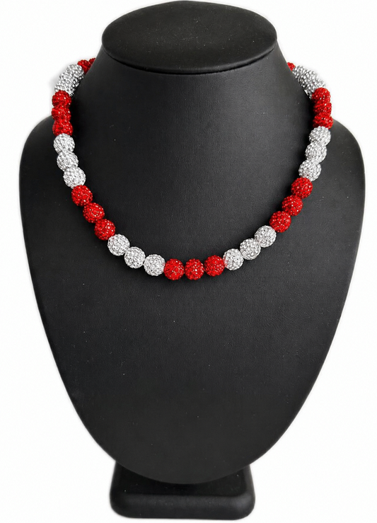 Iced Bling Disco Ball Rhinestone Bead Baseball Drip Necklace Red White