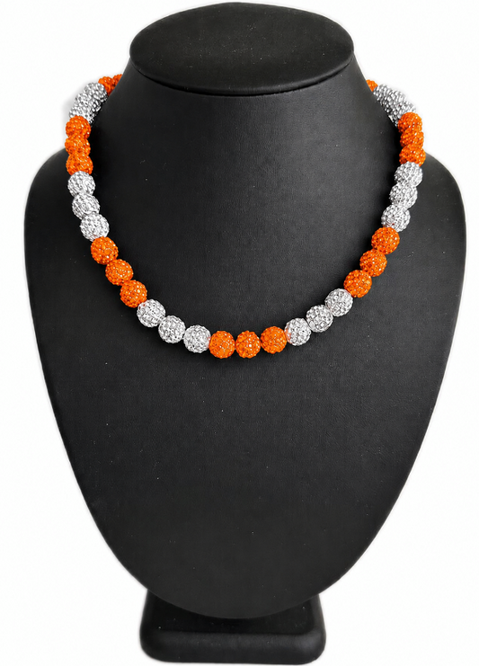 Iced Bling Disco Ball Rhinestone Bead Baseball Drip Necklace Orange White