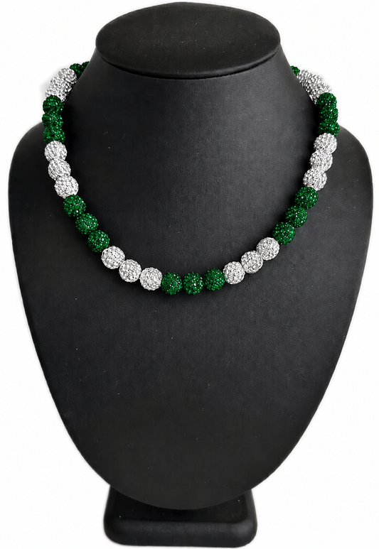 Iced Bling Disco Ball Rhinestone Bead Baseball Drip Necklace Green White