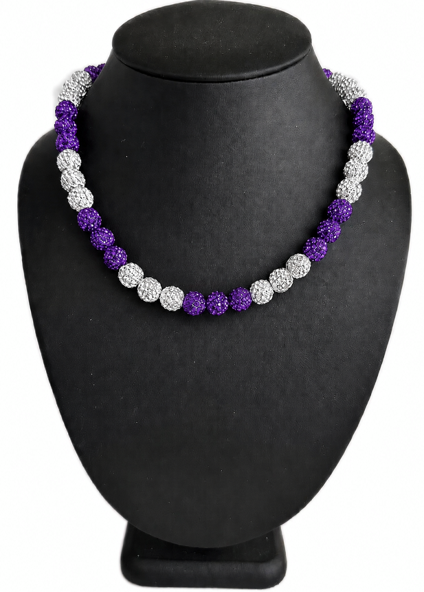 Iced Bling Disco Ball Rhinestone Bead Baseball Drip Necklace Purple White
