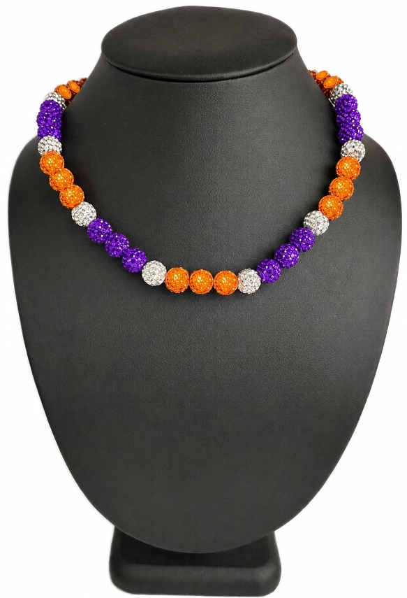 Iced Bling Disco Ball Rhinestone Bead Baseball Drip Necklace Purple Orange LSU
