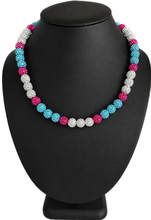 Iced Bling Disco Ball Rhinestone Bead Baseball Drip Necklace Blue White Hot Pink